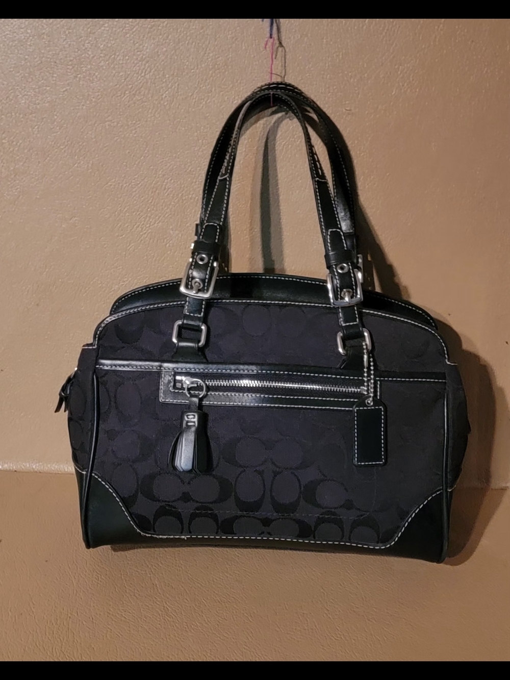 Coach Black Signature Jacquard Tote with Leather Trim And Buckel Straps